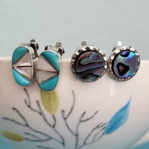 2pr Vintage Clips, Turquoise And Abalone